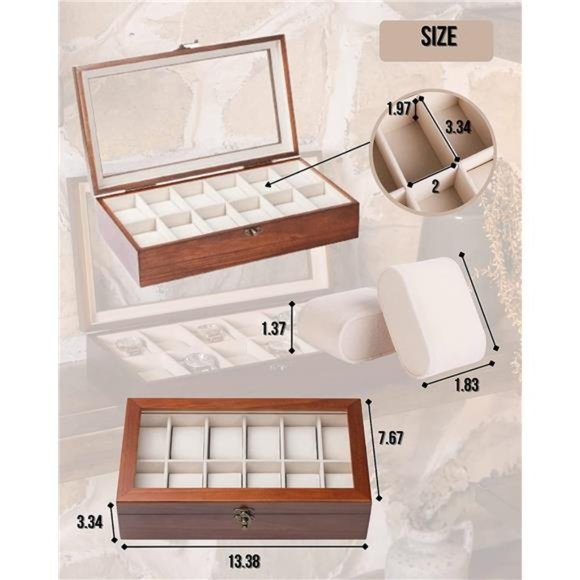 Watch Box Watch Case for Men Women with Large Glass Lid, Wooden Watch Display - Picture 4 of 6